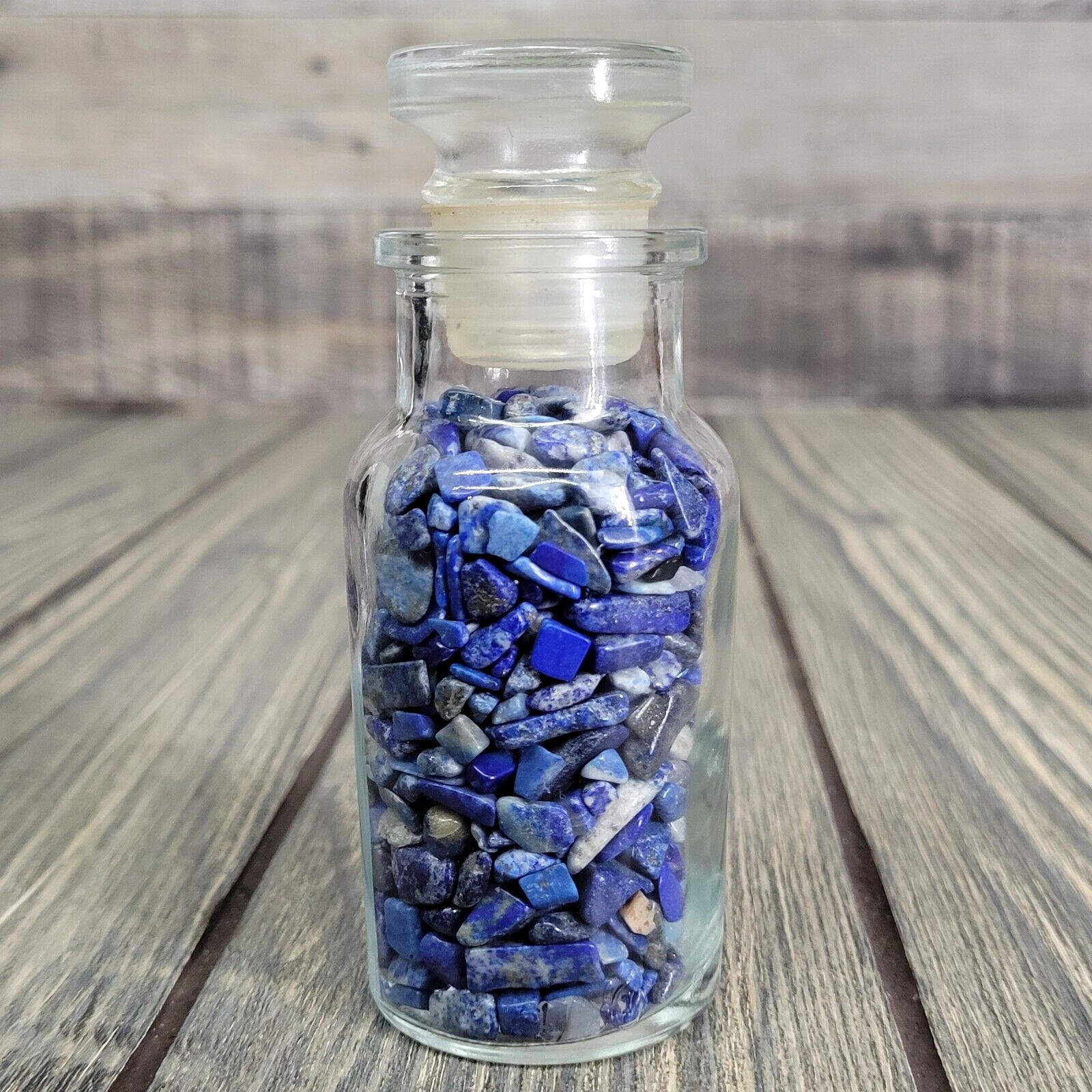1/4lb Lapis Lazuli Crystal Tumbled Chips in Apothecary Vintage Glass Jar Wagner