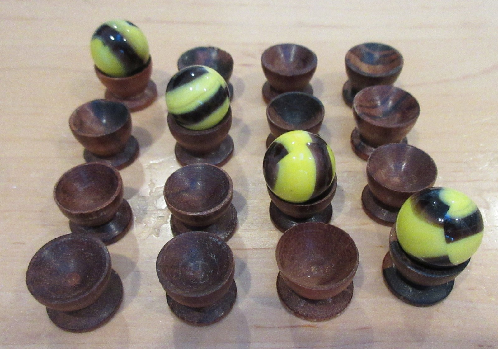 30 PIECE LOT HANDMADE CARVED WOOD DISPLAY STANDS CUPS FOR MARBLES SPHERES EGGS!