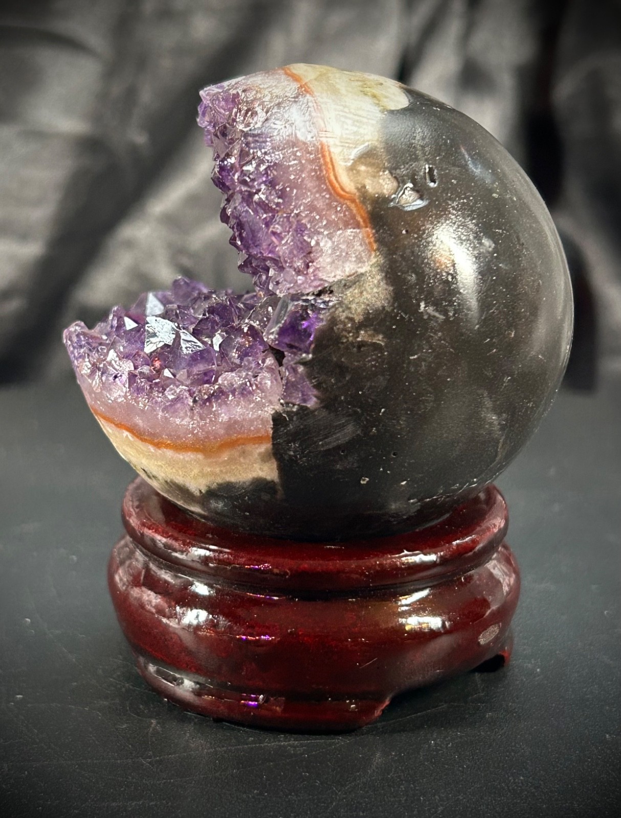 2.43″ diameter Amethyst Pac Man Specimen With Wood Stand 10.2oz