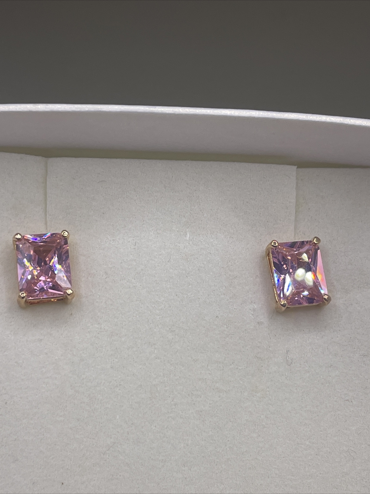 Gold Over Sterling Silver Rectangle Bright Pink Earrings Stud Pink Topaz #1003