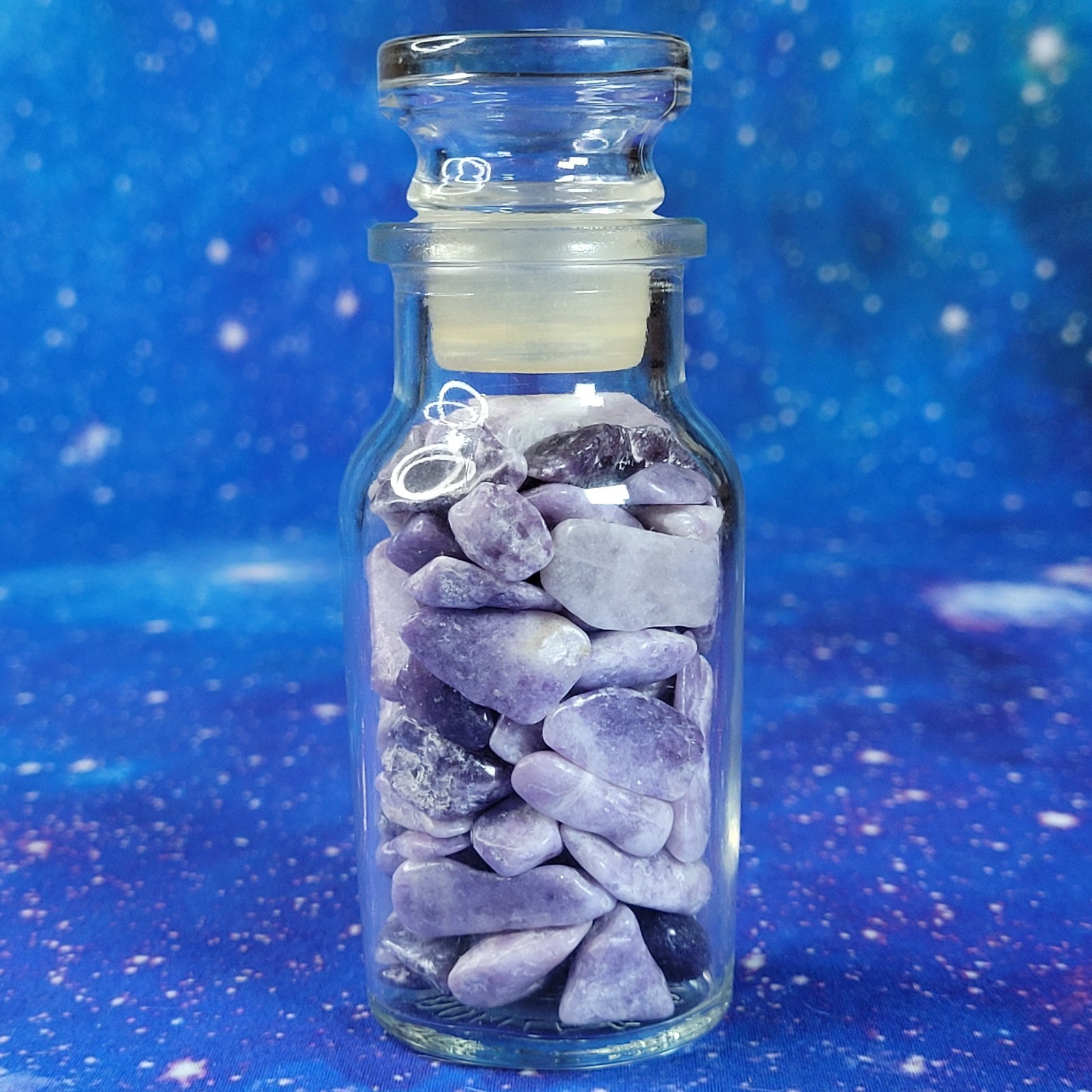 Lepidolite Stone Tumbles in Vintage 4 oz Apothecary Glass Jar Purple Crystal