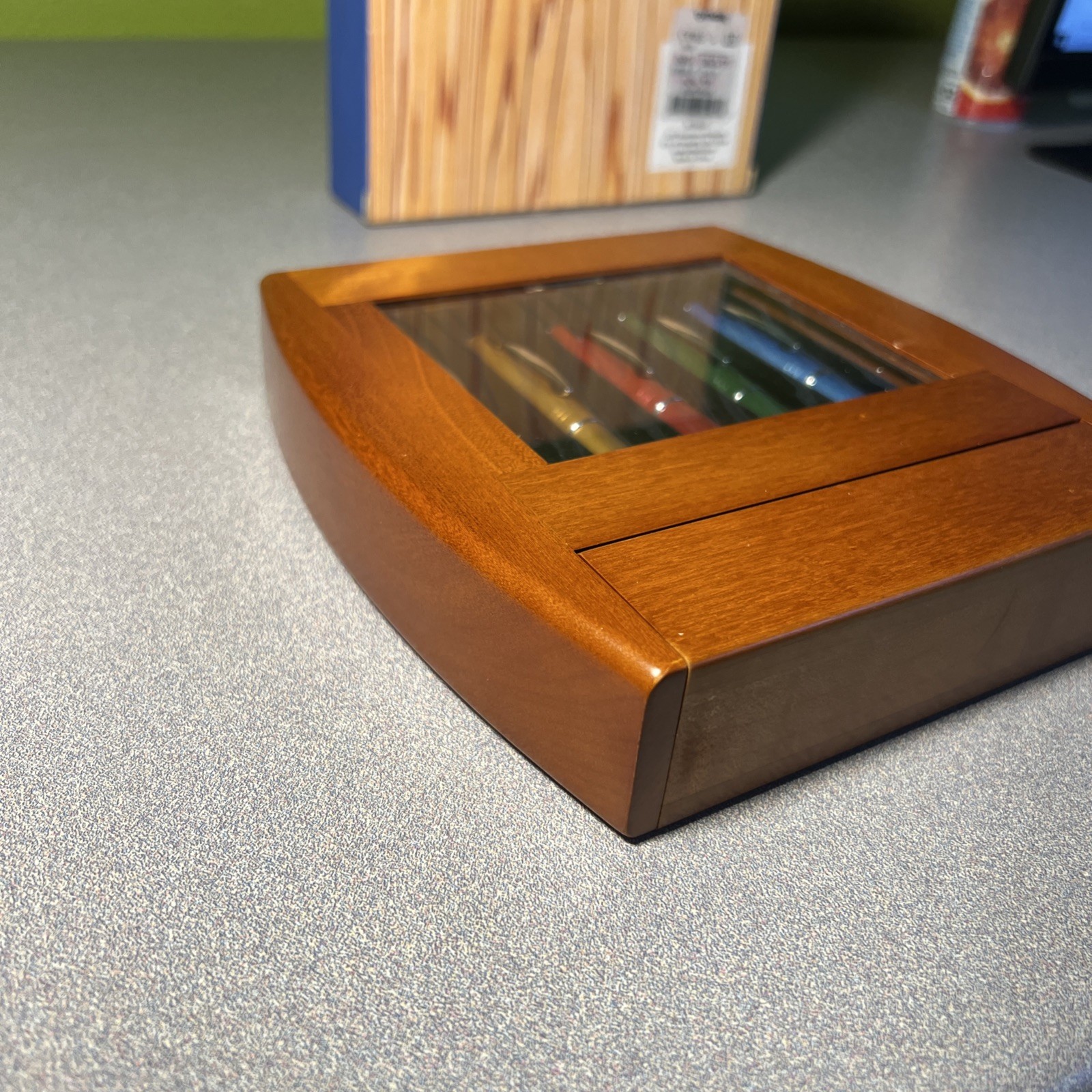 Vintage JCFTECH 5 Metallic Ball Point Pen In Solid Cherry Wood Easel Box
