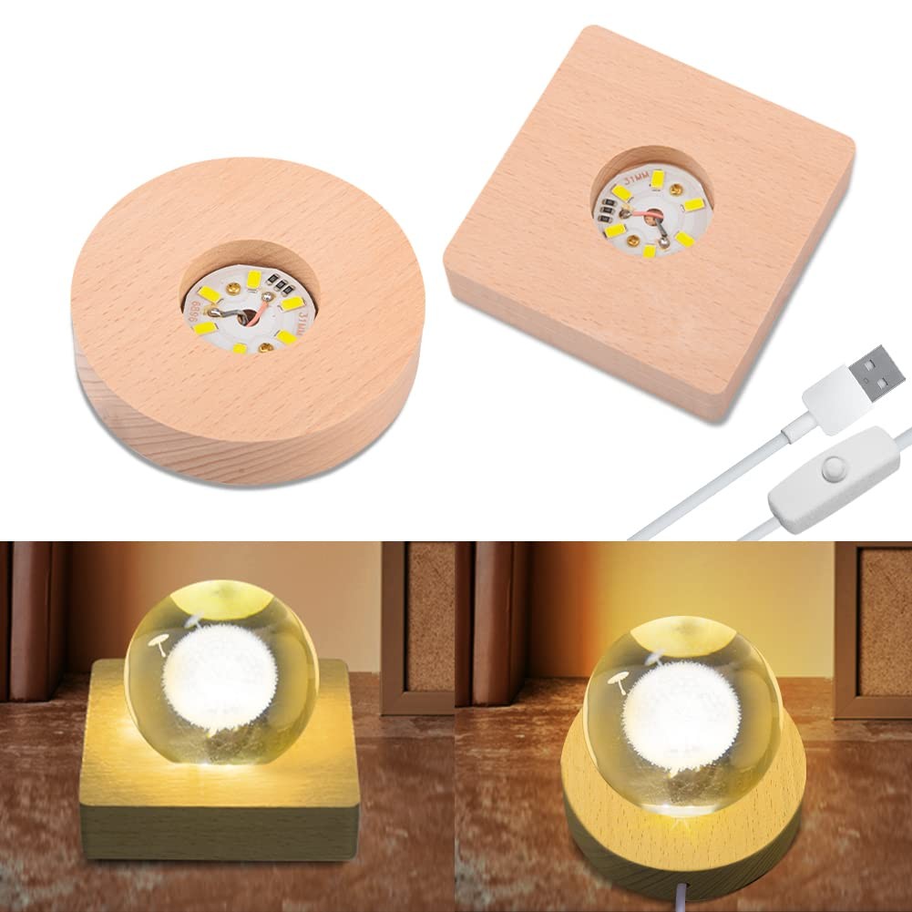 4pcs Wooden Light Base, Round & Square Crystal Sphere Pedestal Stand with USB…