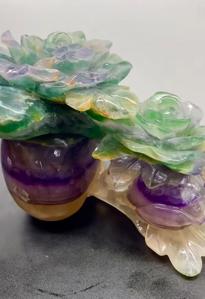8.6LB Natural Color Fluorite Quartz Carved Flower Skull Crystal Reiki Decor Gift