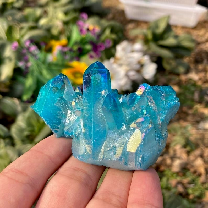 Titanium Aura Blue Crystal Rainbow Quartz Cluster Natural Geode Rocks Specimens