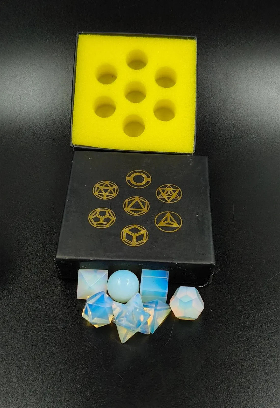 Opalite 7 Platonic Solids Sacred Geometry Crystal Set w/ Box Reiki Gift Healing