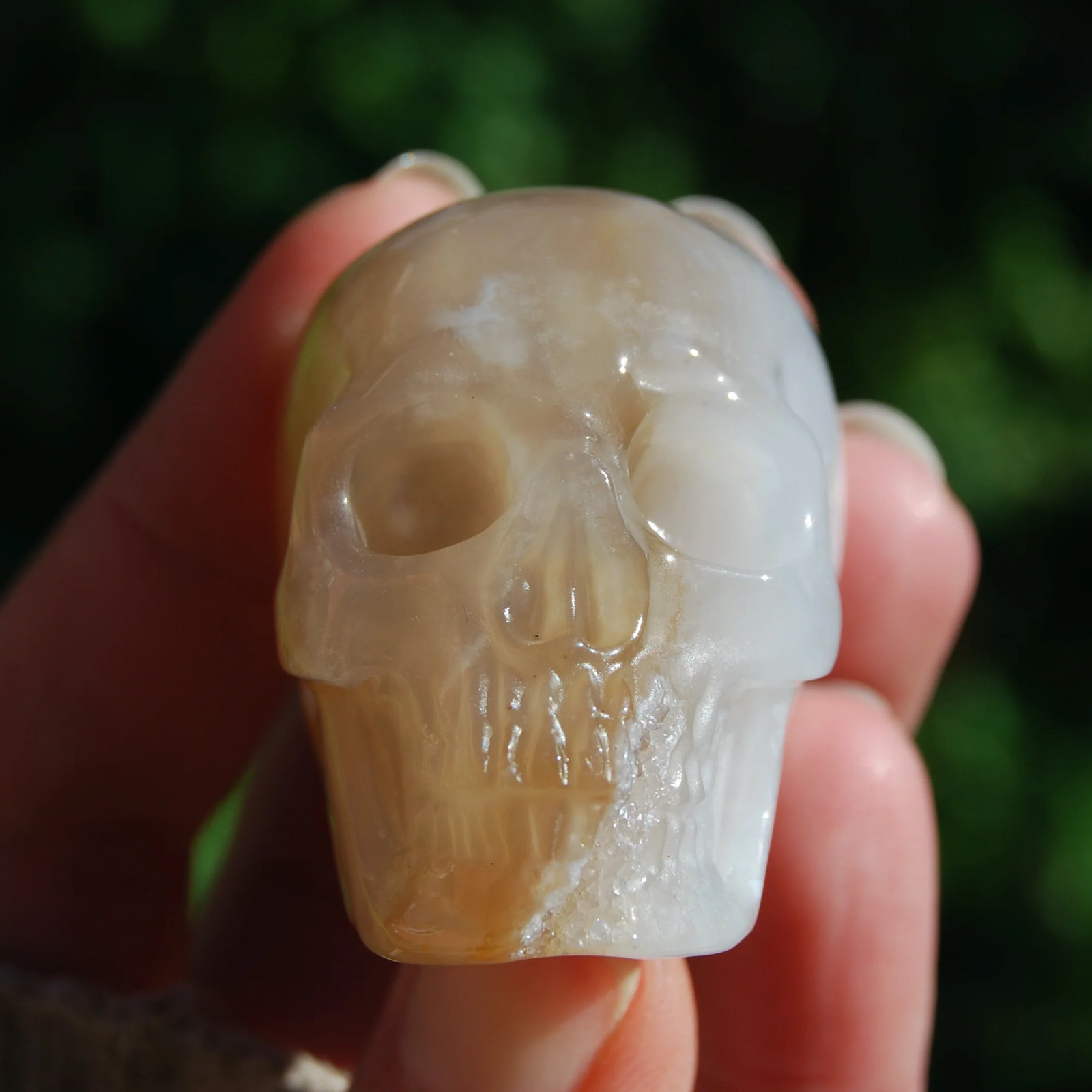 2in Sakura Flower Agate Carved Crystal Skull, Realistic Peach White Flower Agate