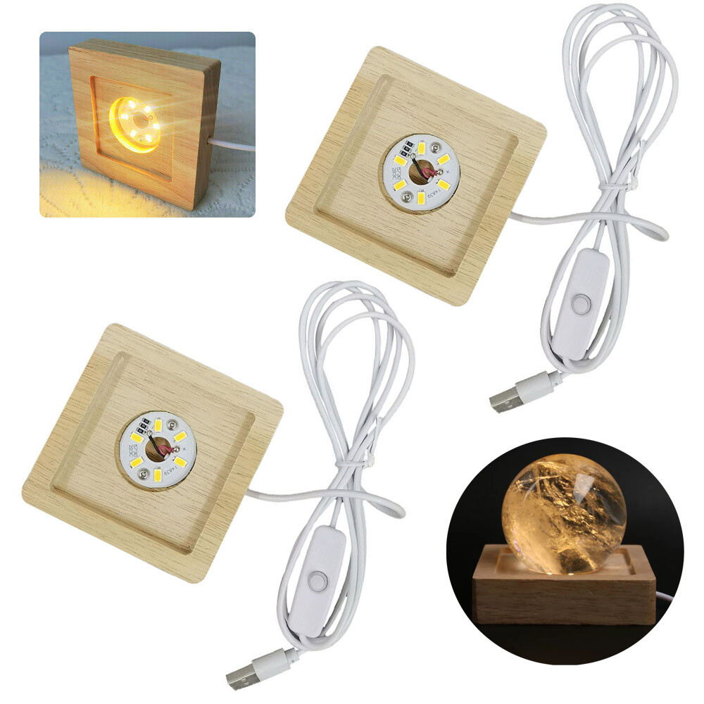 2pack USB LED Warm Light Square Solid Wood Base Holder For Crystal Craft Display