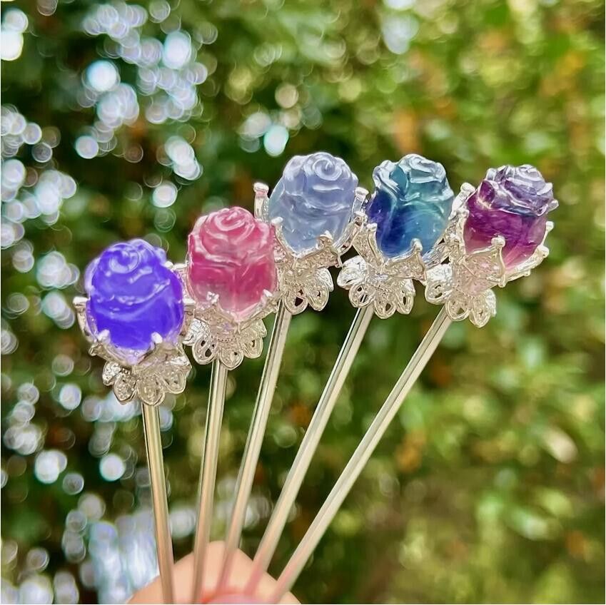 5pc Natural Fluorite Carved Flower Rose Hairpin Quartz Crystal Reiki Healing