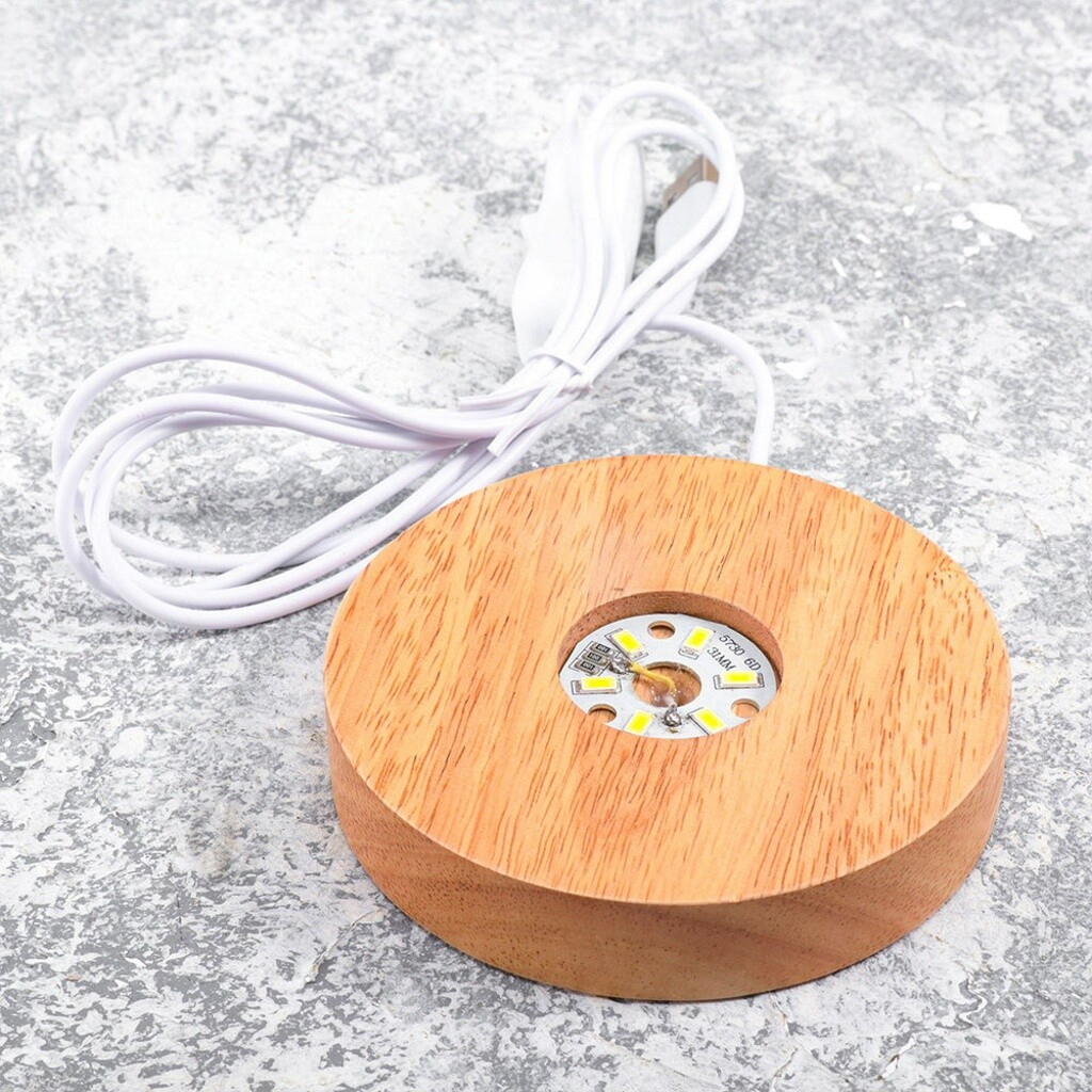 Wooden LED Display Stand 3D Nightlight Round 80mm Base Holder for Crystal Glass