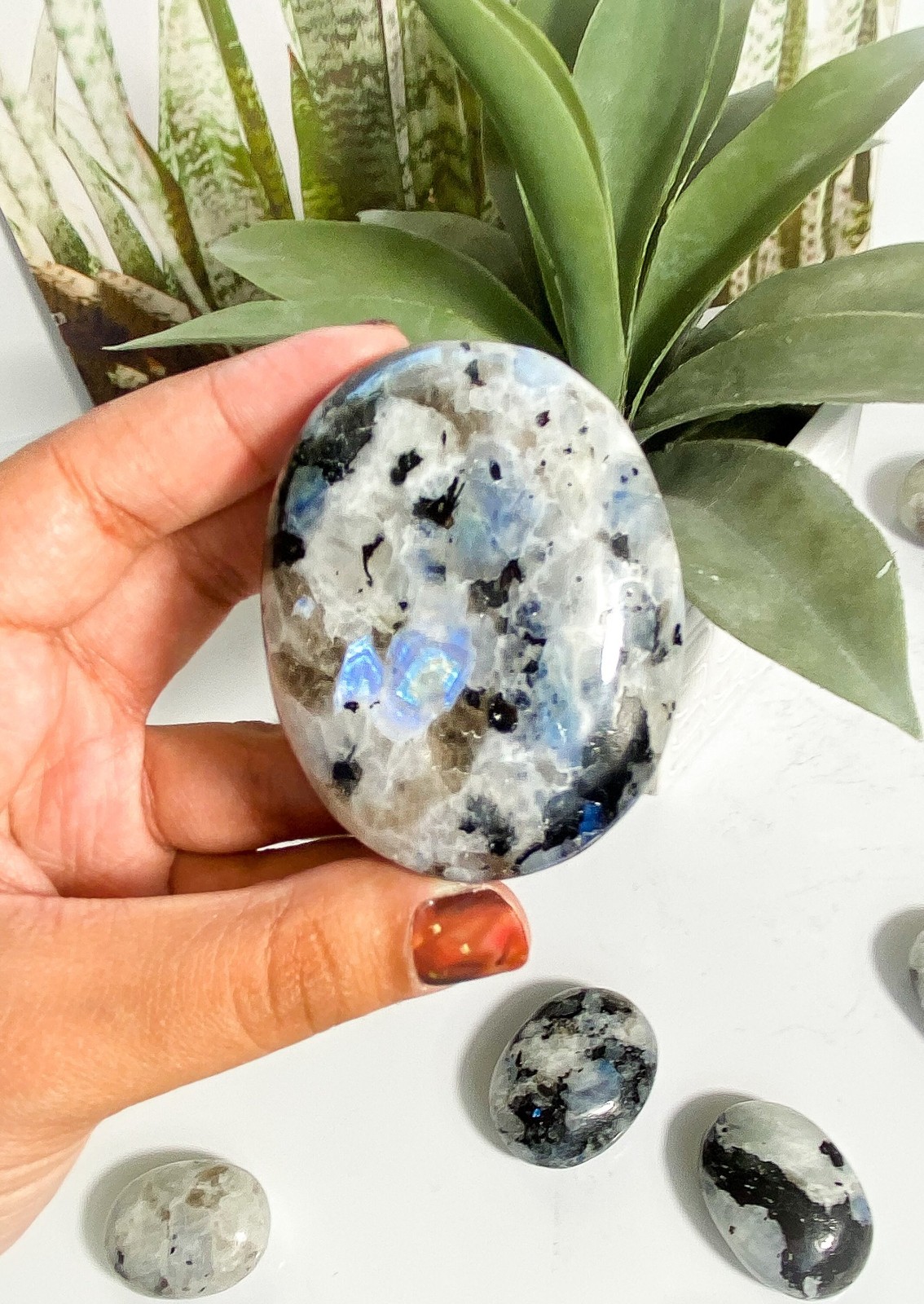 Natural Rainbow Moonstone Palm Stone Polished Gemstone Free US Shipping