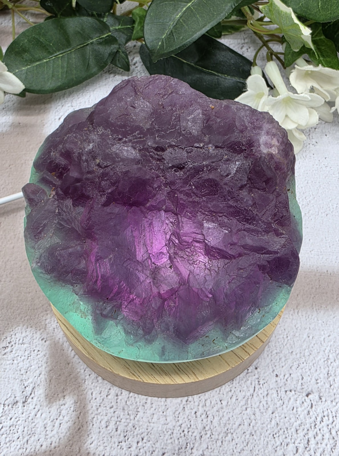 Natural Fluorite Cupcake Polished Freeform Purple Aqua Crystal w/ Light Stand