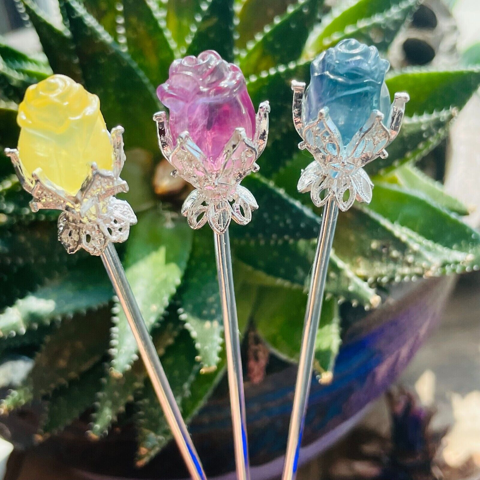 5pc Natural Fluorite Carved Flower Rose Hairpin Quartz Crystal Reiki Healing
