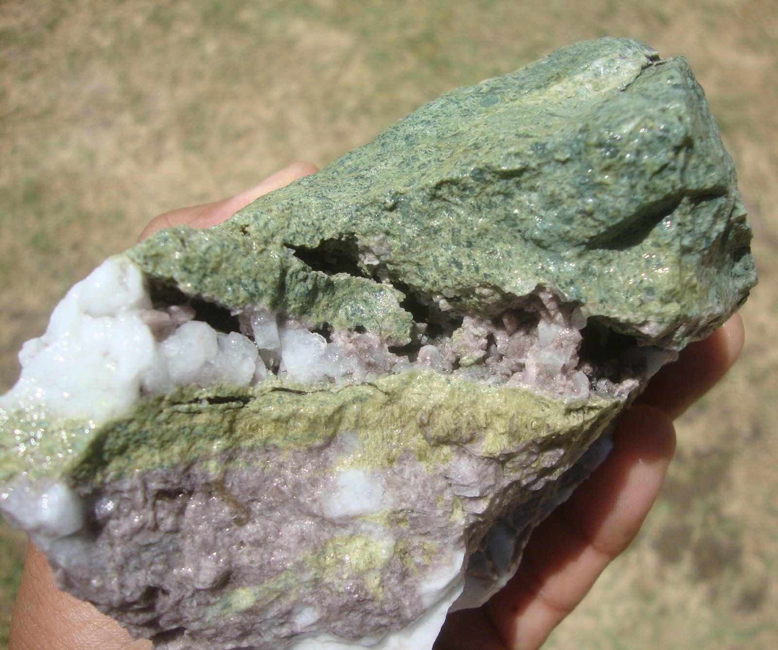 Light purple Axinite, green Epidote, and white Quartz, Stanislaus Co., CA