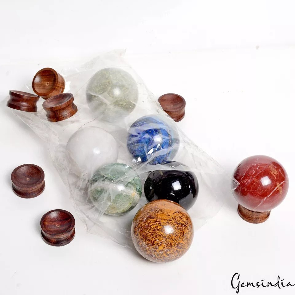 4880 Ct 7 Pcs Set Of Multigems Crystal Sphere Ball Polished Healing w/ Stand