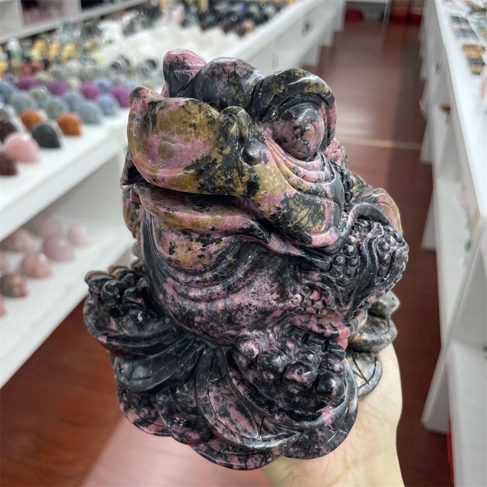 10.6LB 6.5″A+Natural Rhodonite Money Toad Crystal Hand Carved Statue Hand Carved