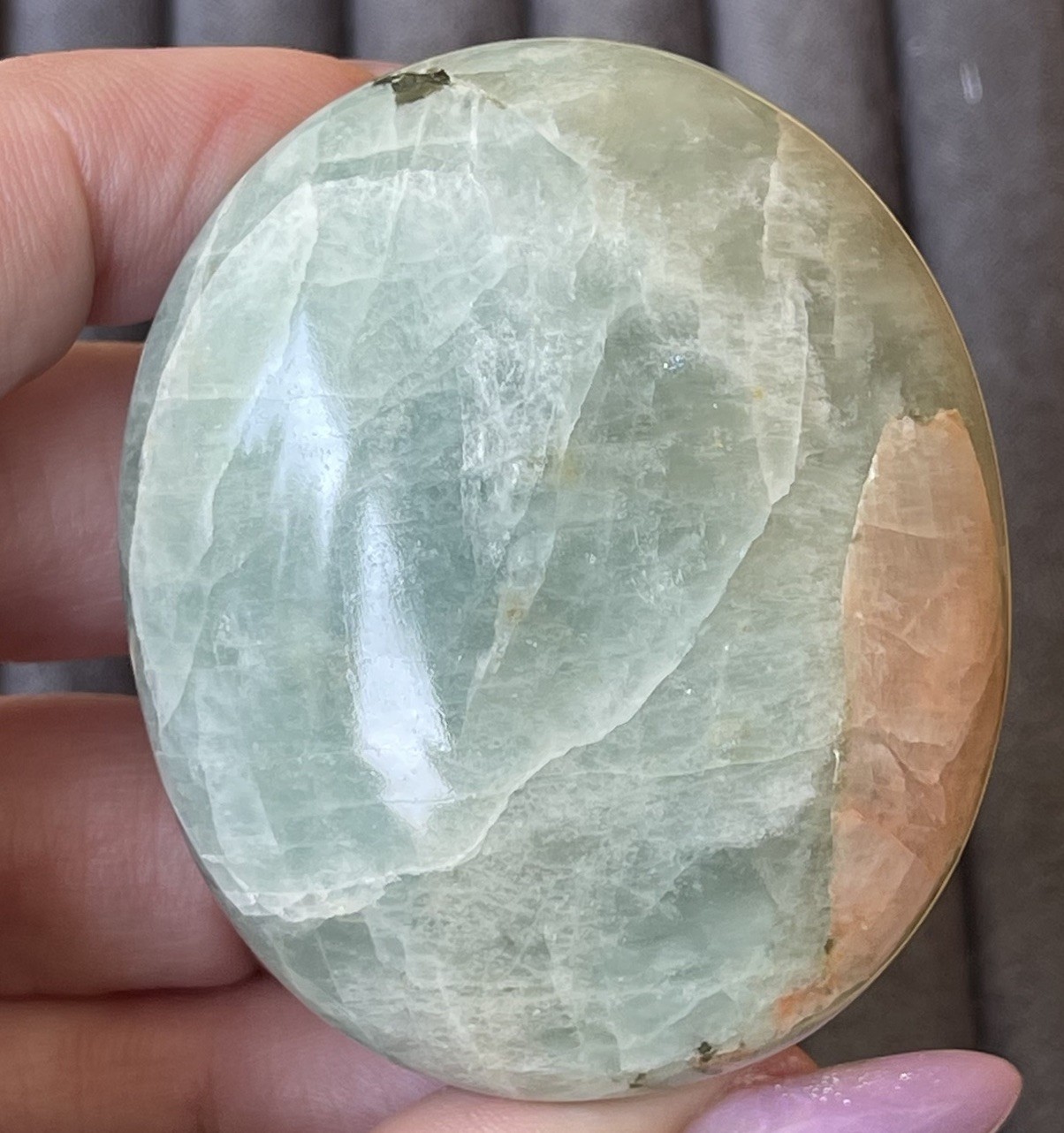 Aquamarine Palmstone – Opaque Blue Green Color With Peach Morganite Inclusion