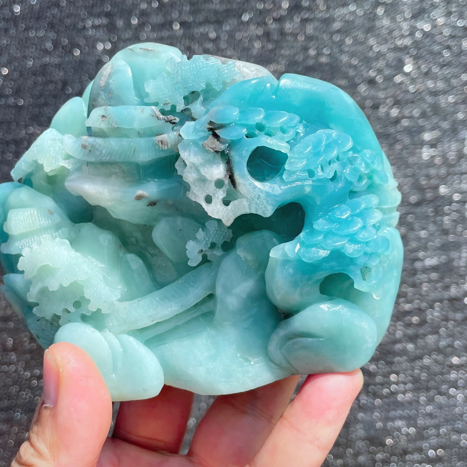 Natural Amazonite Quartz Crystal Hand-Carved Mountain Scenery Sculpture 1.6LB
