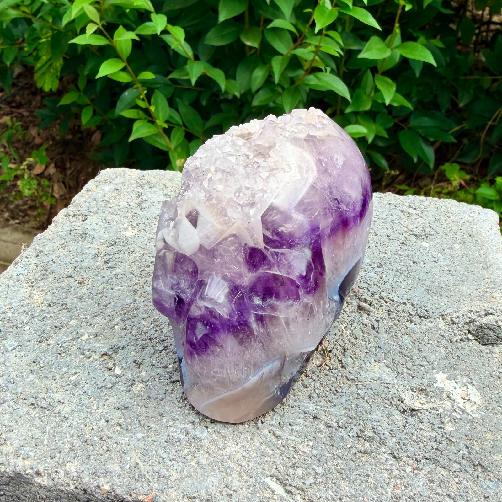 493g Amethyst agate crystal cave skull, Rare hand carved skull specimen