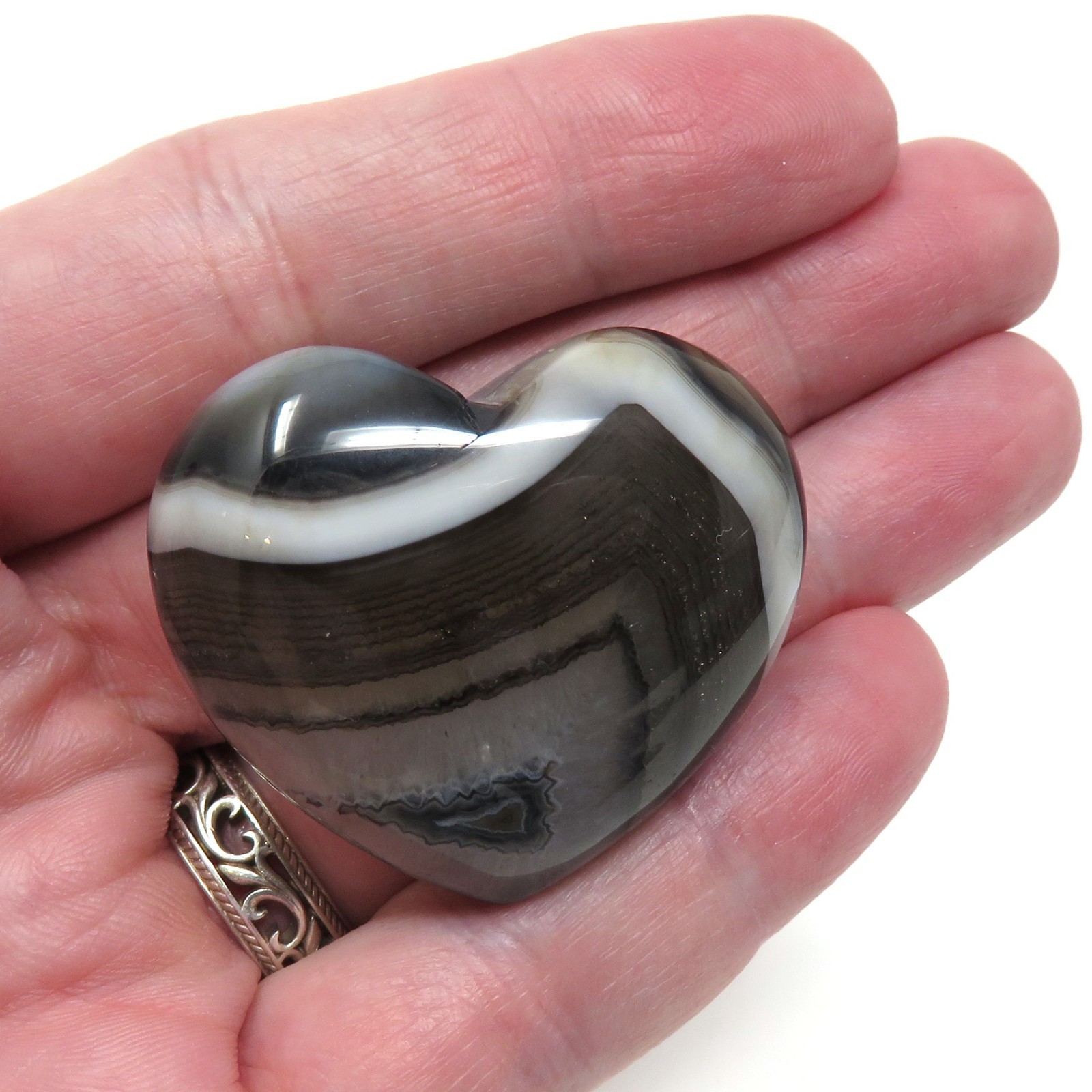 Black Banded Agate Stone Heart #1207-40mm x 35mm x 15mm or 1.57″ Pocket Gemstone