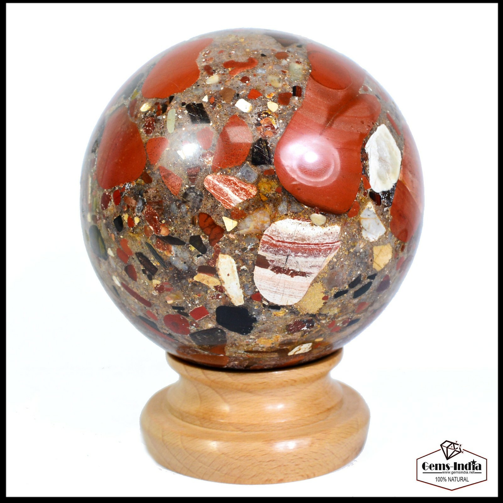 Natural 4.2in Red Conglomerate Stone Healing Meditation Puddingstone Sphere Ball