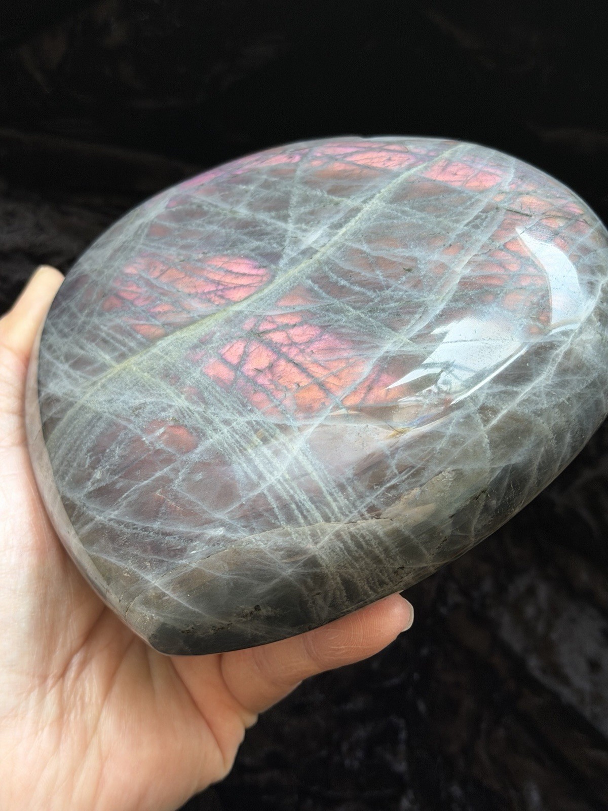 5.15” Large Purple Pink Orange Flash Labradorite Crystal Heart 1100 Grams