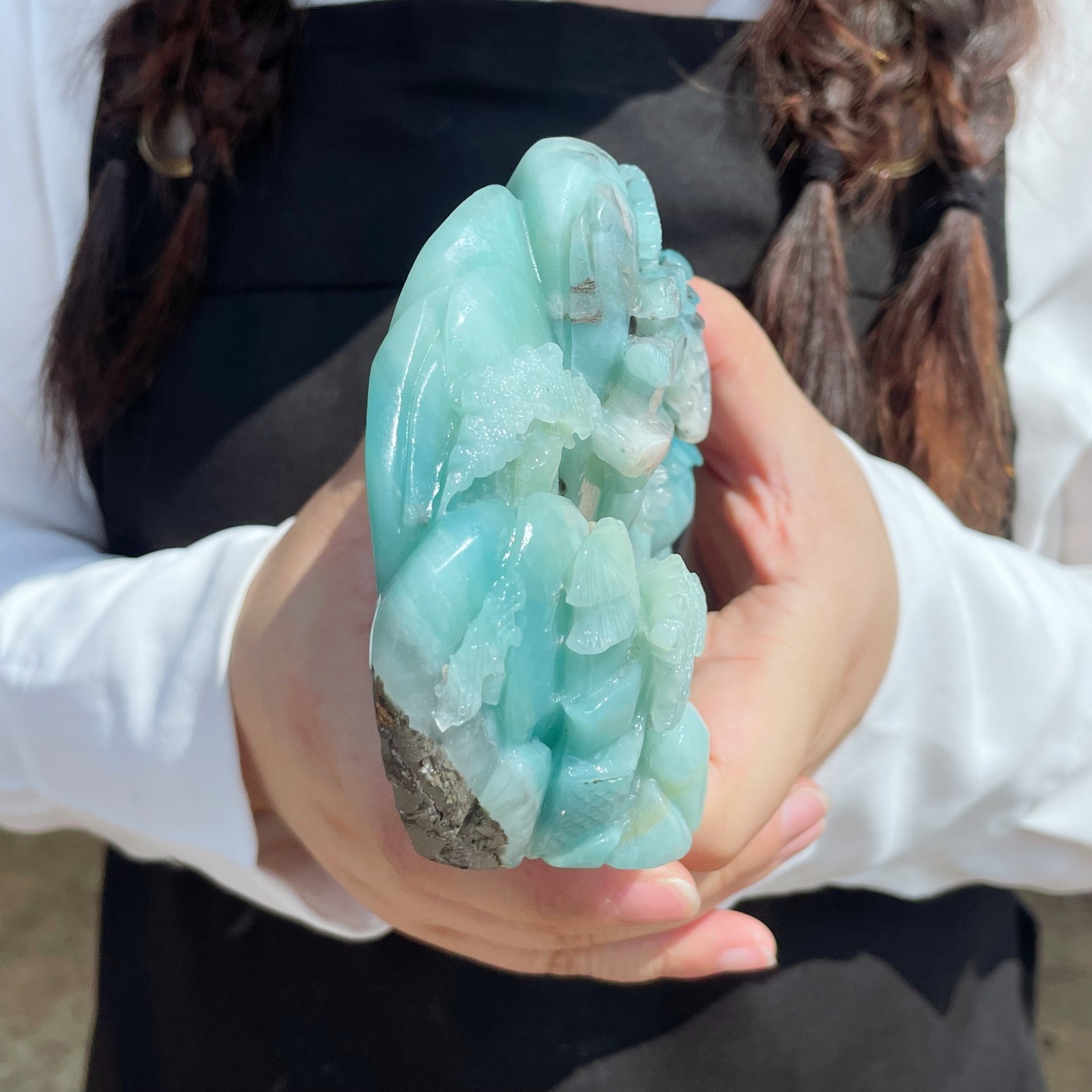 Natural Amazonite Quartz Crystal Hand-Carved Mountain Scenery Sculpture 1.6LB