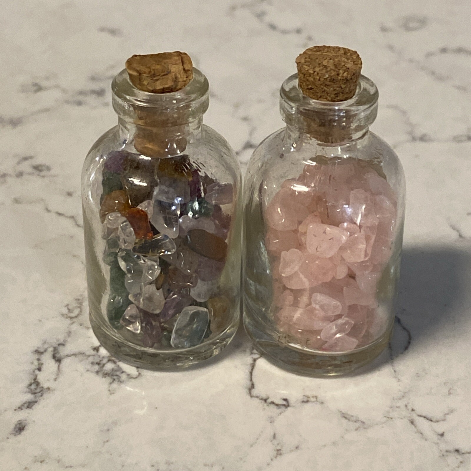 Miniature Glass Jars Cork Stopper Rose Quartz& Gemstones Stone Chip Pieces