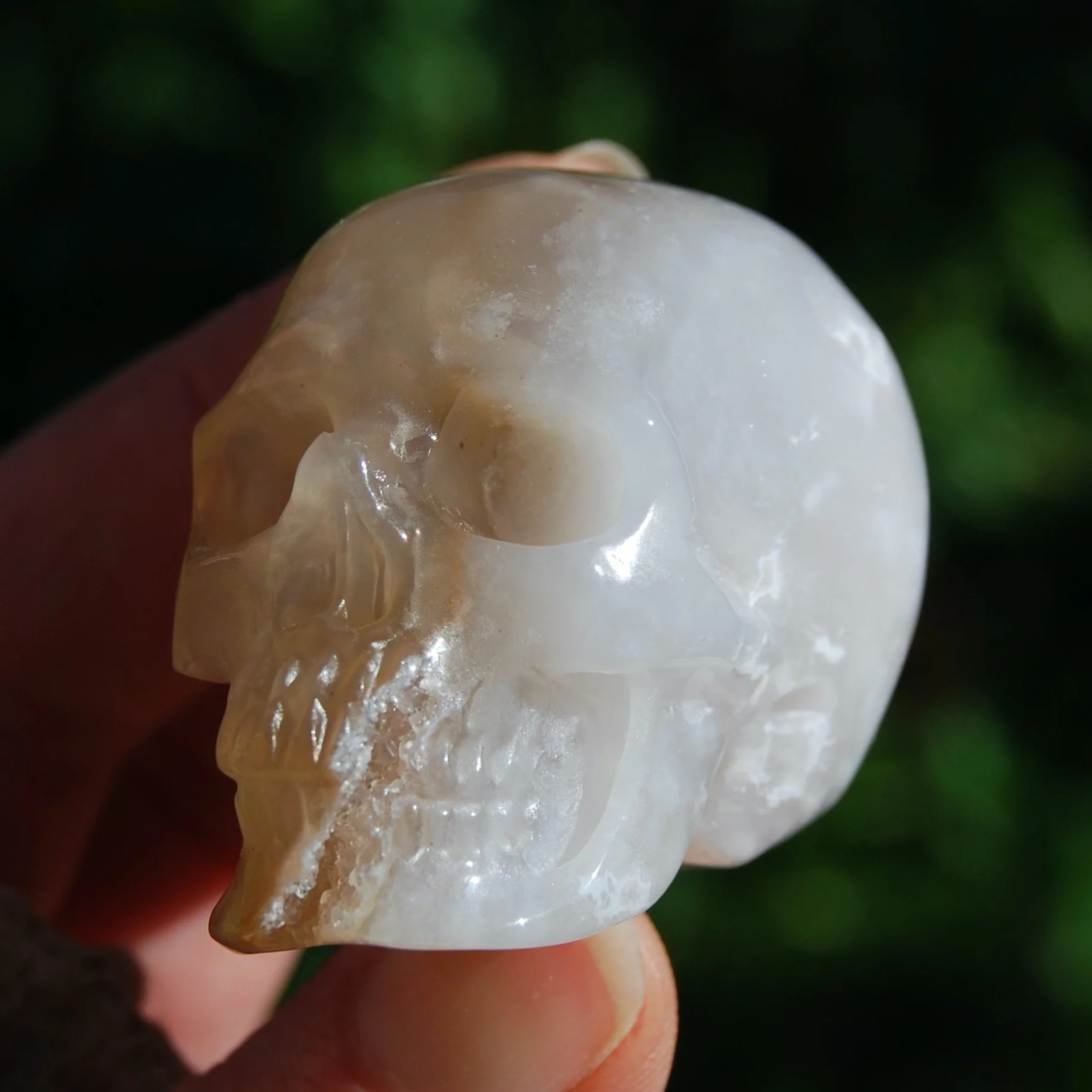 2in Sakura Flower Agate Carved Crystal Skull, Realistic Peach White Flower Agate