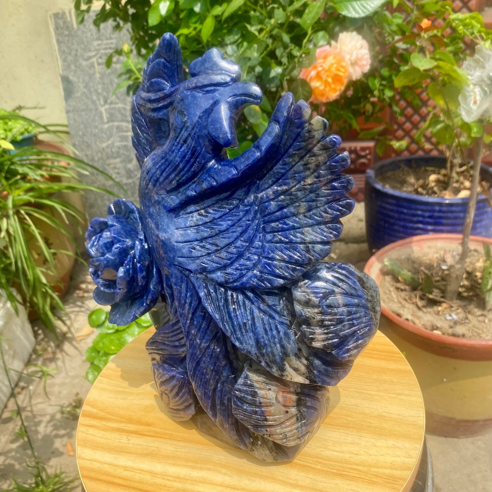 7.71LB Natural Blue Vein Stone Phoenix Carving, Home Decoration