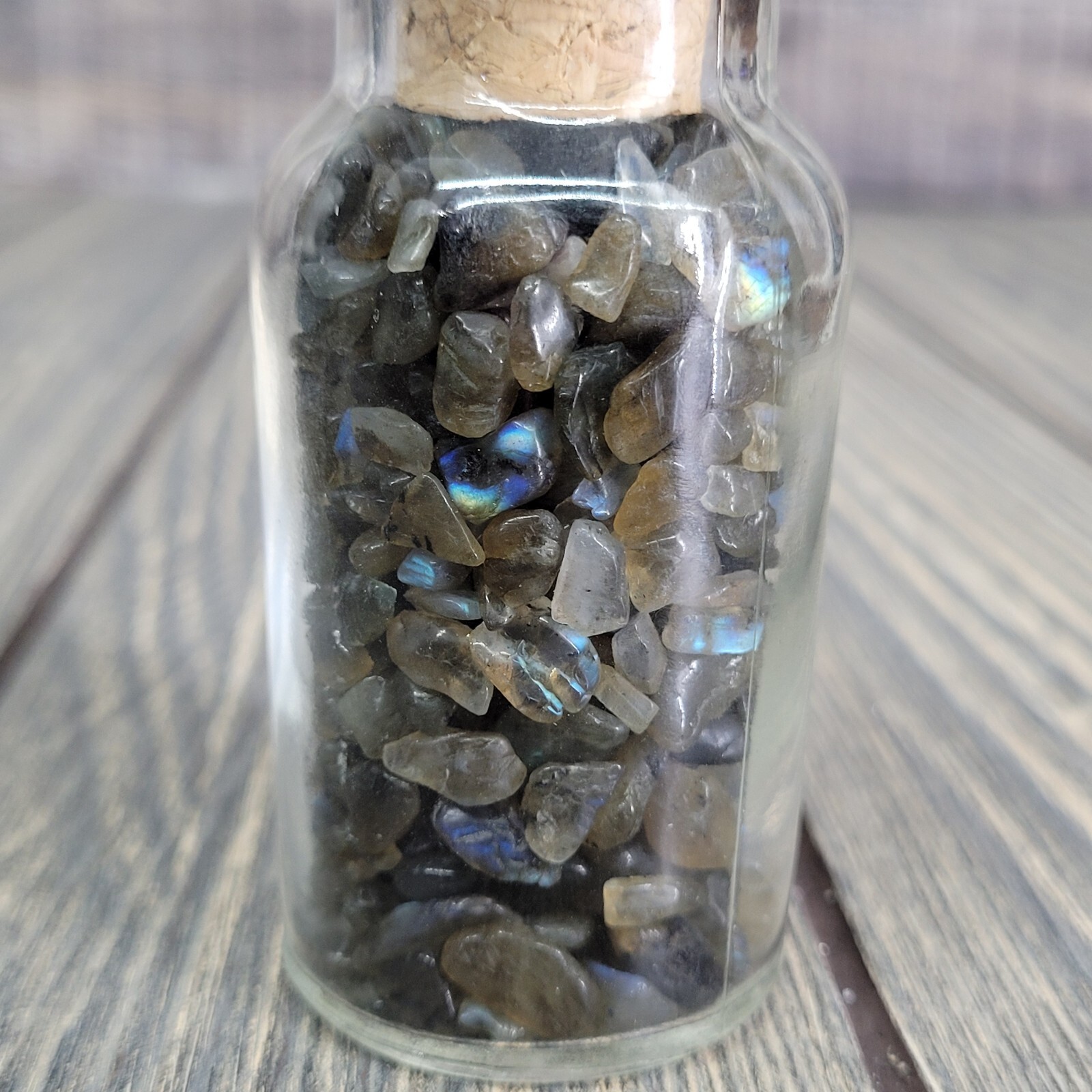 Labradorite 1/4lb Tumbled Crystal Chips in Vintage Apothecary Glass Jar Wagner