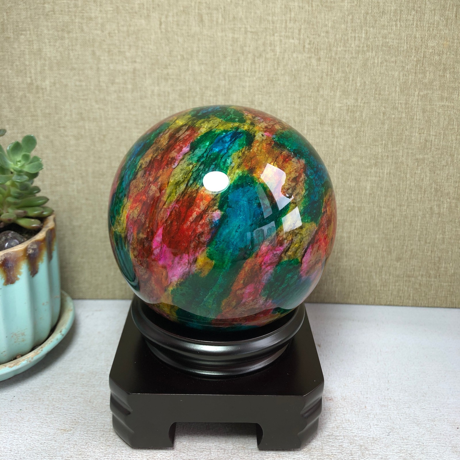 Natural “Seven Colors Jade” sphere flat bottom specimen Taiwan China 99mm A4577