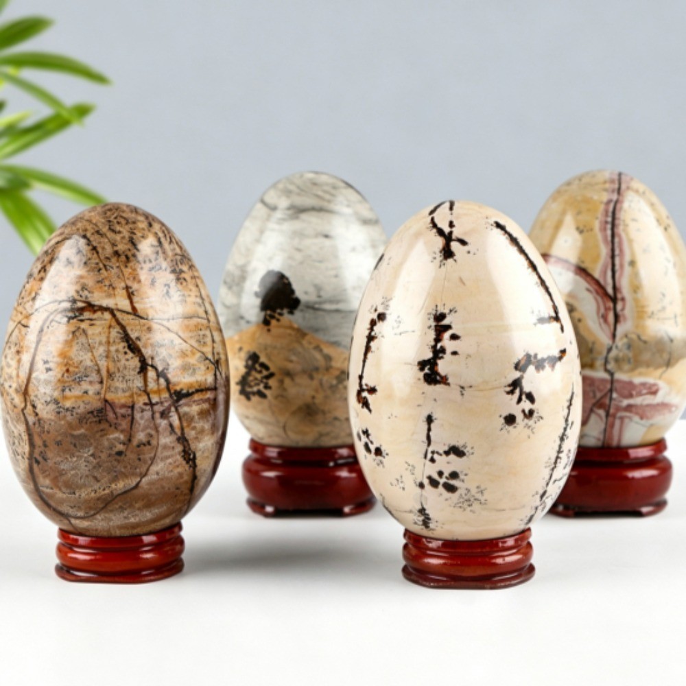 Natural Picture Stone Egg Carving Crystal Reiki Healing Decor Gift + stand 1pcs