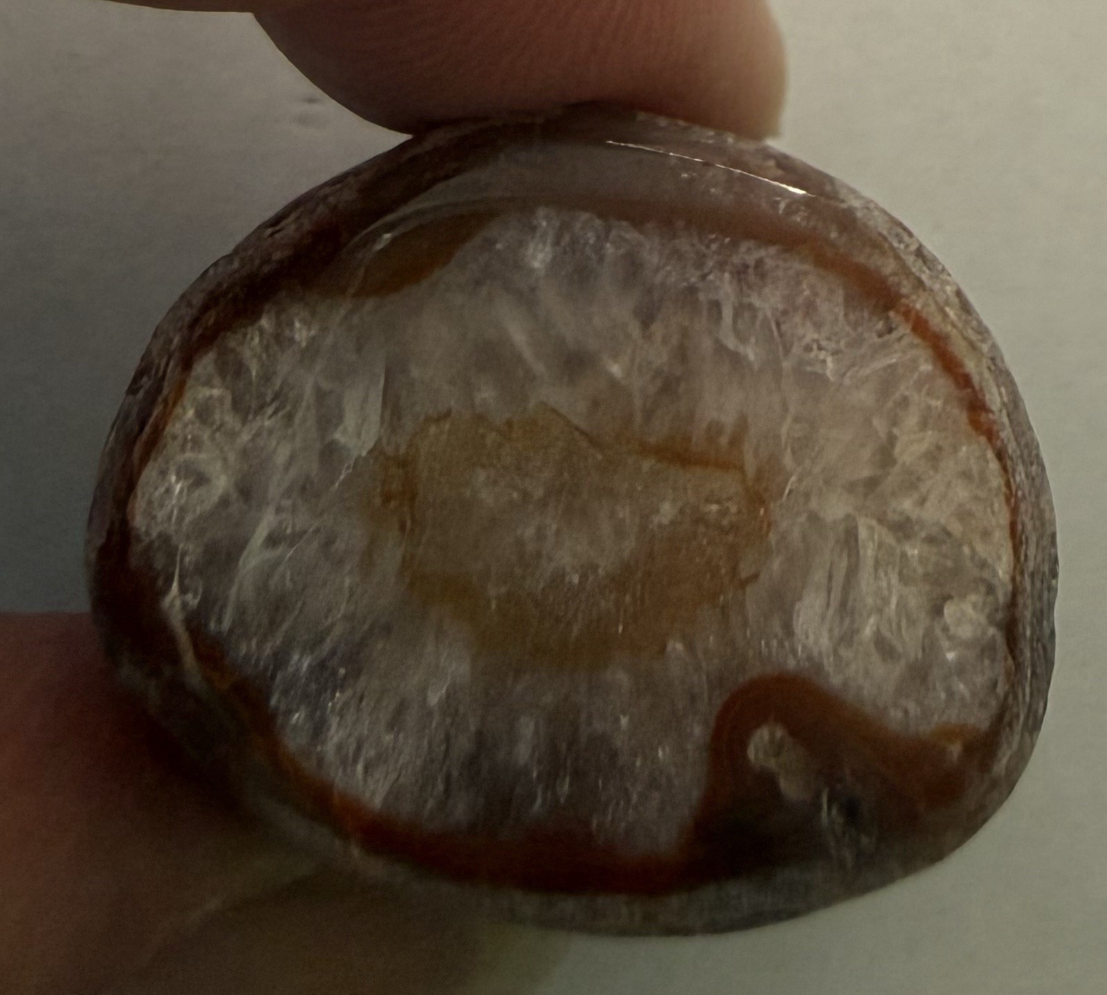 Lake Superior Agate Specimen. 1 1/4”x 1 1/4”x3/4”, 1.2 oz. Each end cut/polished