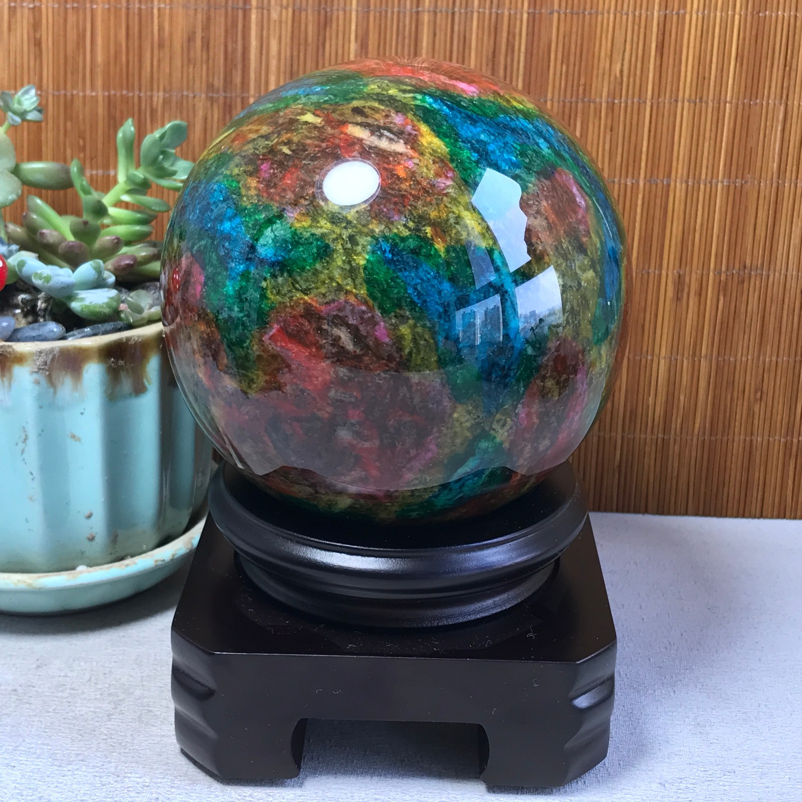 Natural “Seven Colors Jade” sphere Ball -Taiwan China 1.85kg Base Random A5808