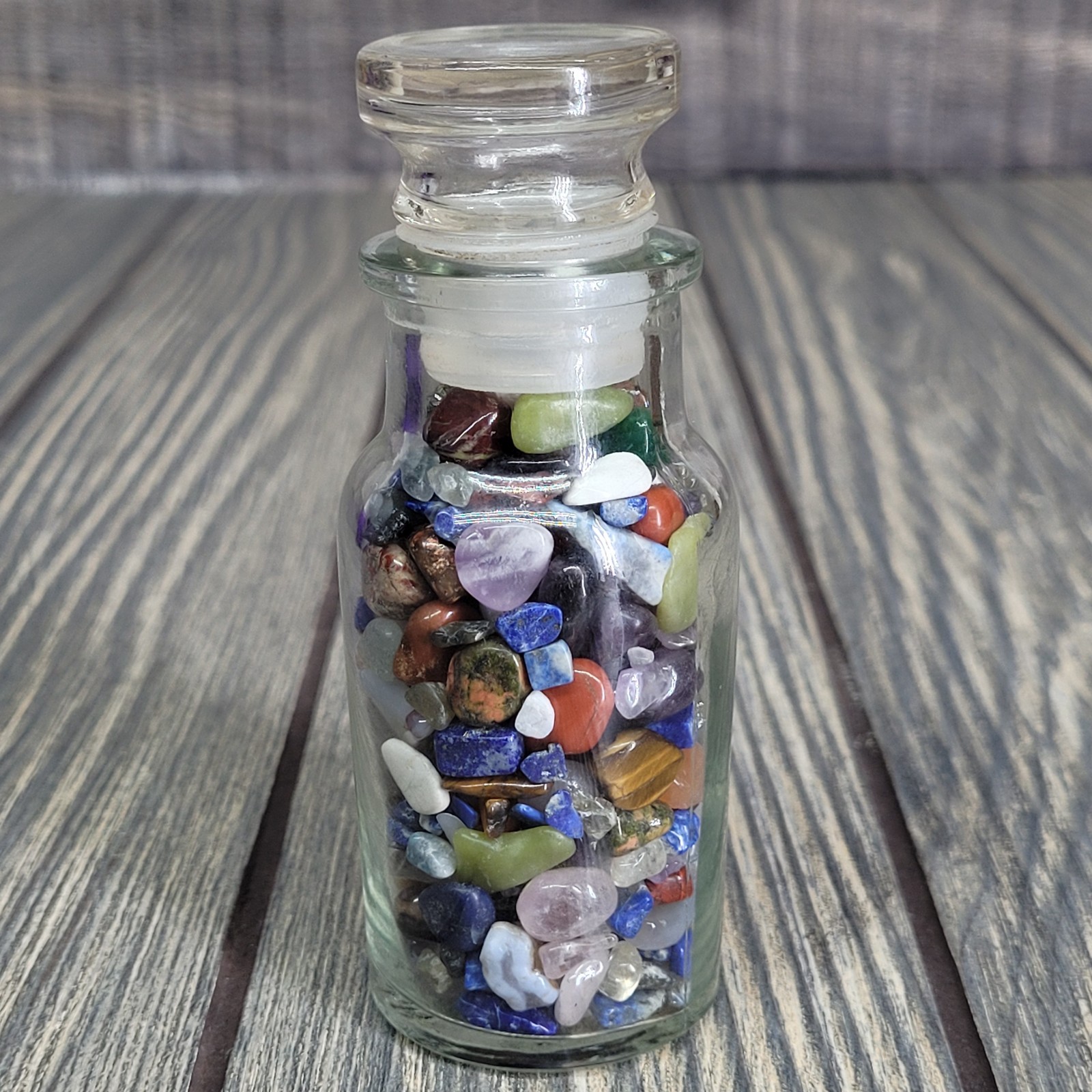 4oz Mixed Crystal Small Tumbles in Vintage Apothecary Glass Spice Jar w/ Stopper