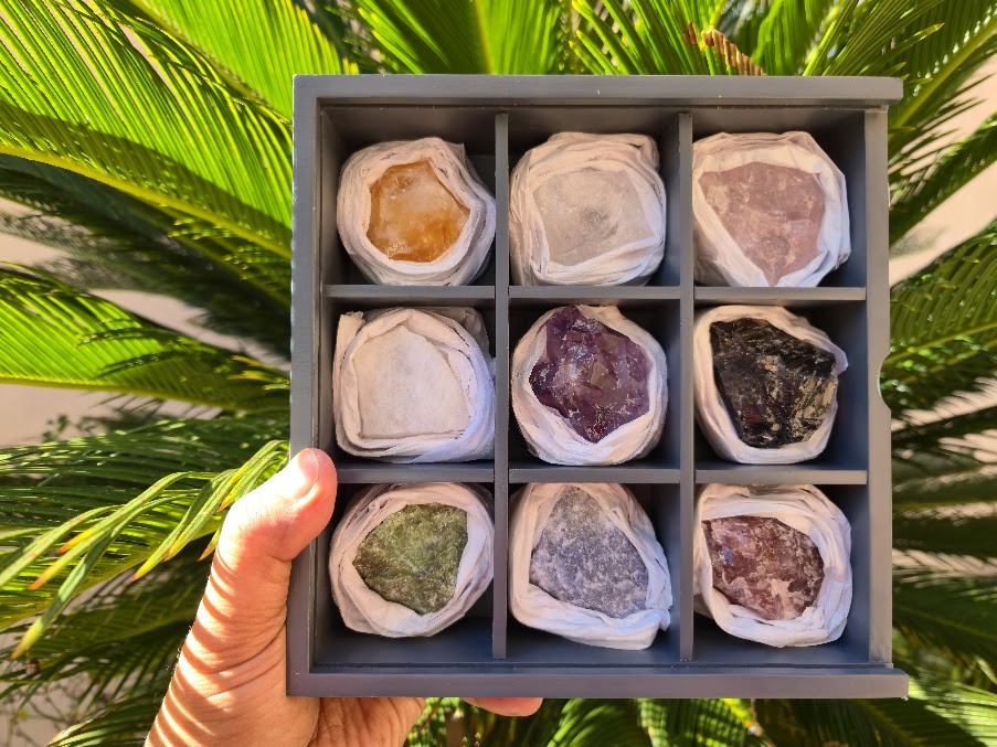 Set of Nine Crystals and Healing Stones Decorative Display Showcase