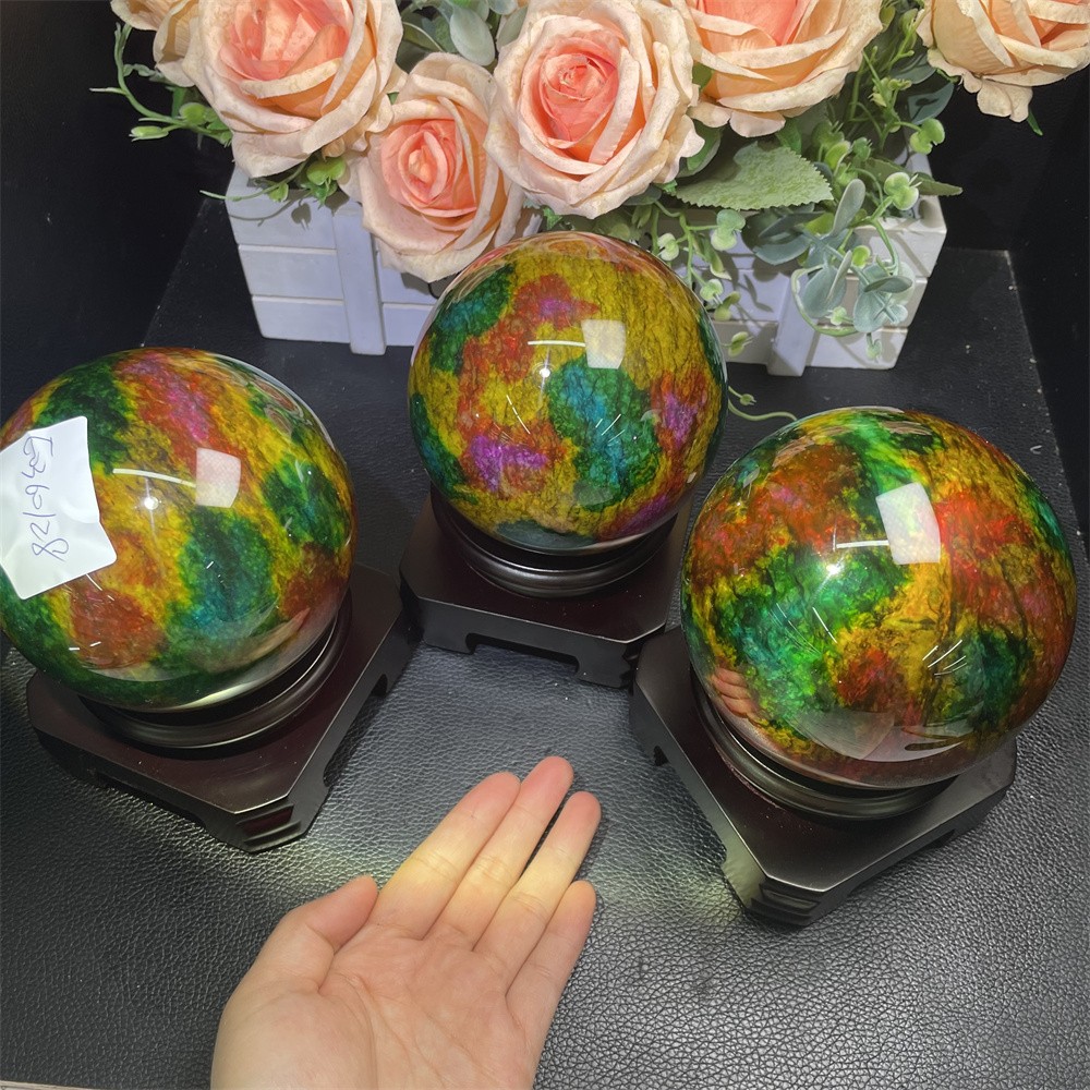 Random 1pc 3.8LB 3.8″Seven Color Stone Sphere Crystal Reiki Quartz Ball+Stand