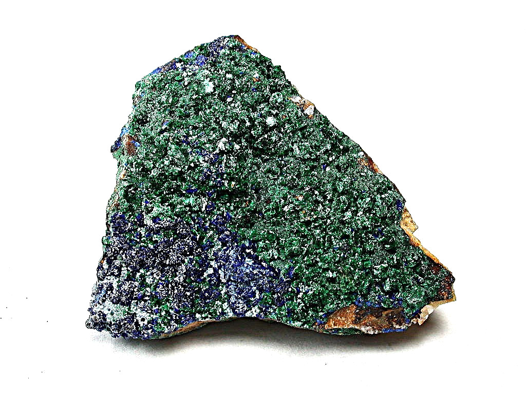 MINERALS : FIBROUS MALACHITE WITH BLUE AZURITE AND WHITE CERUSSITE XTLS, MOROCCO