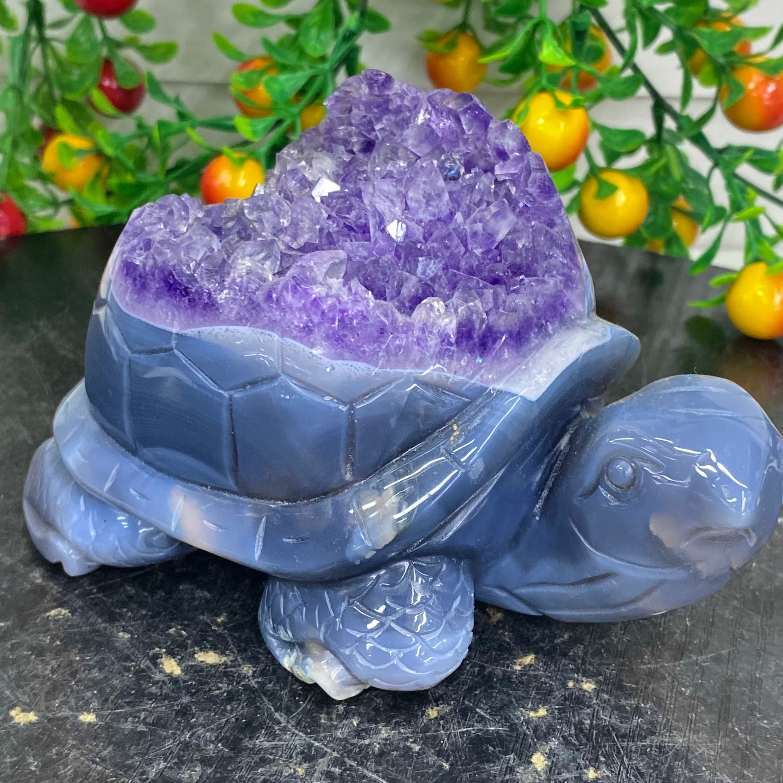 2.51LB Natural amethyst agate turtle Crystal turtle carving healing Home decora