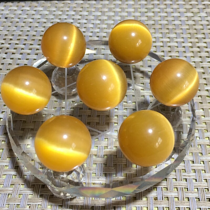 7pcs 20mm Grade A yellow Glass cat’s eye ball Sphere healing crystal +base r608