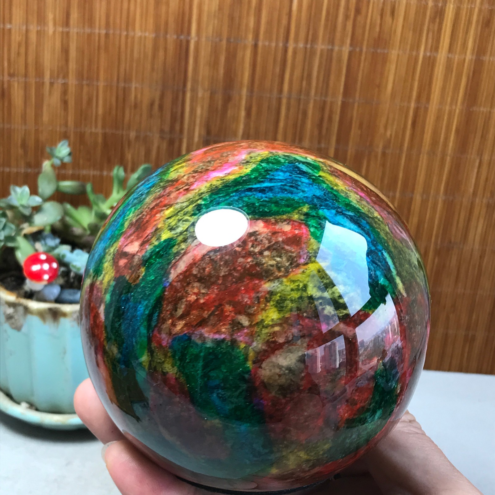 Natural “Seven Colors Jade” sphere Ball -Taiwan China 1.85kg Base Random A5808