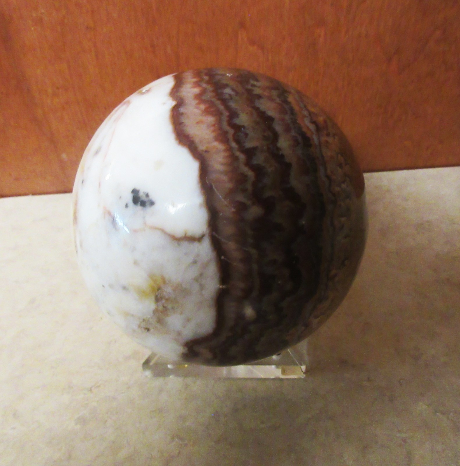 Large Banded Marble Polished Stone Sphere Browns and Whites 5” Diameter + Stand