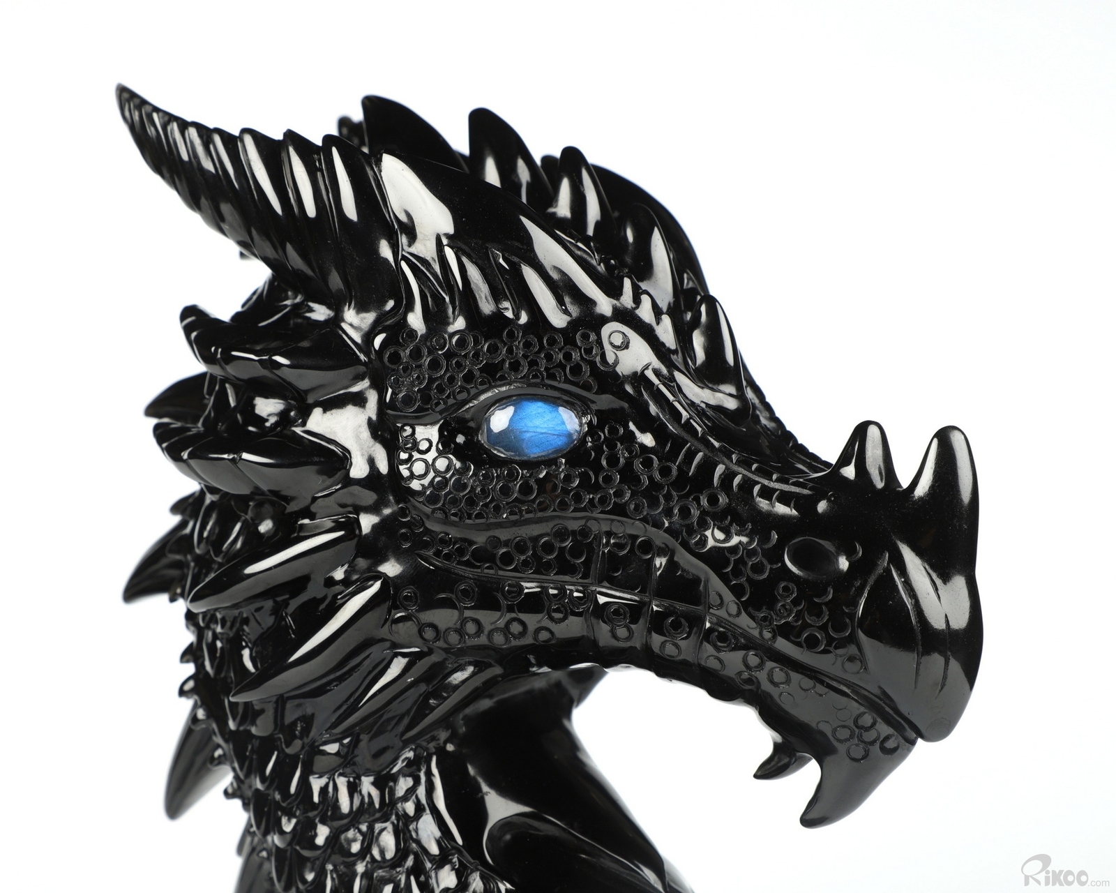 7.1″ Black Obsidian Carved Crystal Dragon & Labradorite Eyes Sculpture, Healing