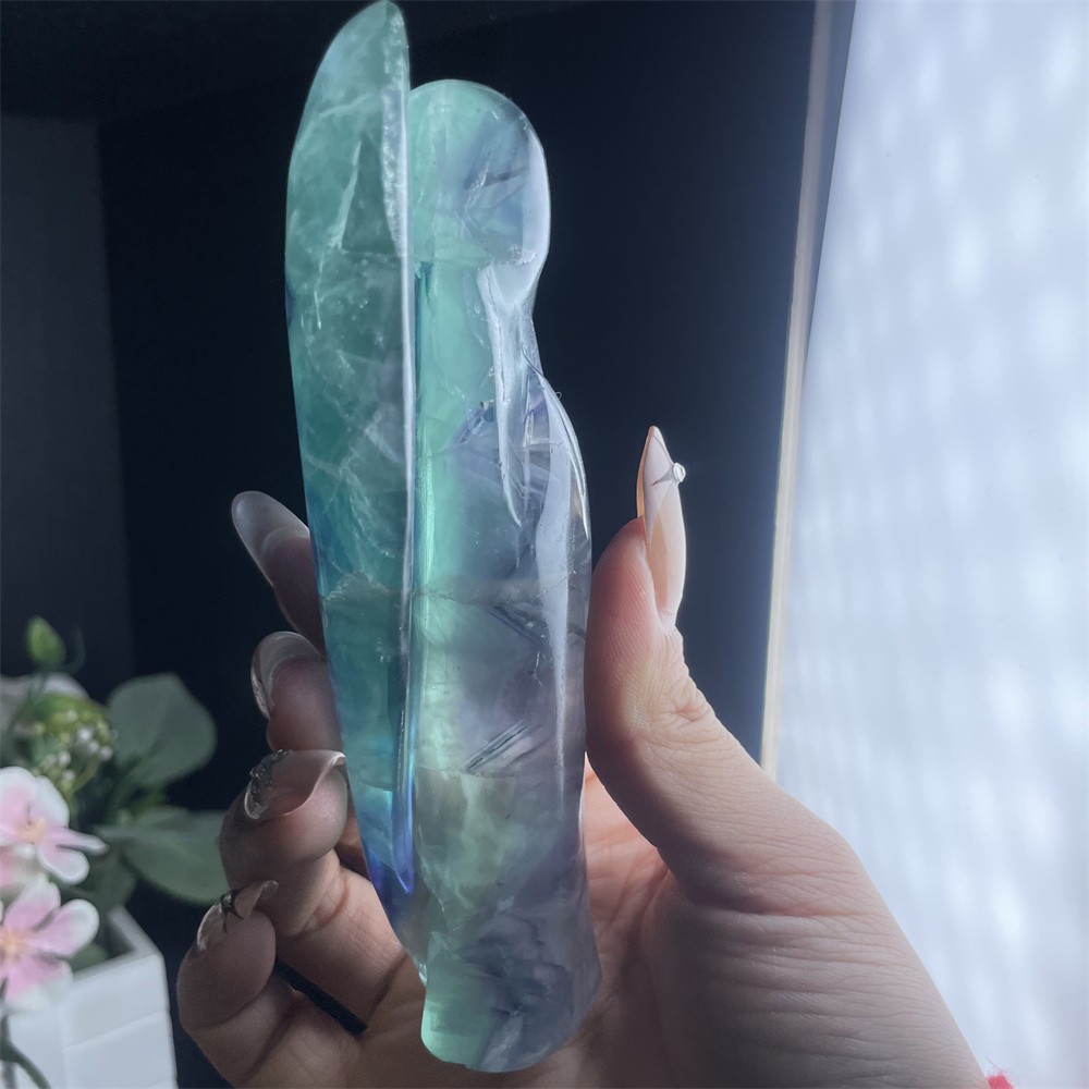 0.8LB 5.1″ Natural Rinbow Fluorite Angel Carved Crystal Mineral Quartz Decor