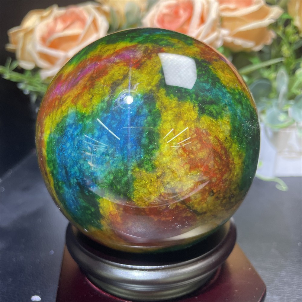 Random 1pc 3.8LB 3.8″Seven Color Stone Sphere Crystal Reiki Quartz Ball+Stand