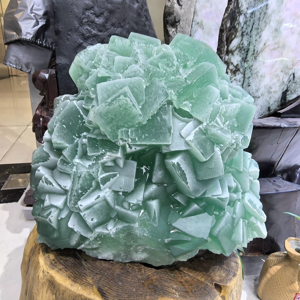 110LB Top Natural Green Fluorite Quartz Cluster Crystal Mineral Specimen + stand