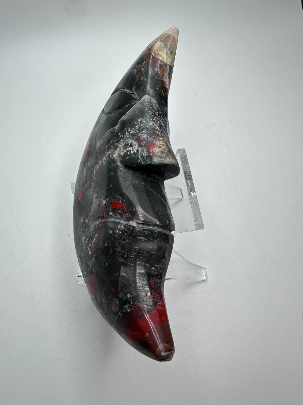 Large Natural Bloodstone Heliotrope Crystal Moon Face Carving 5″x2.75″ polished