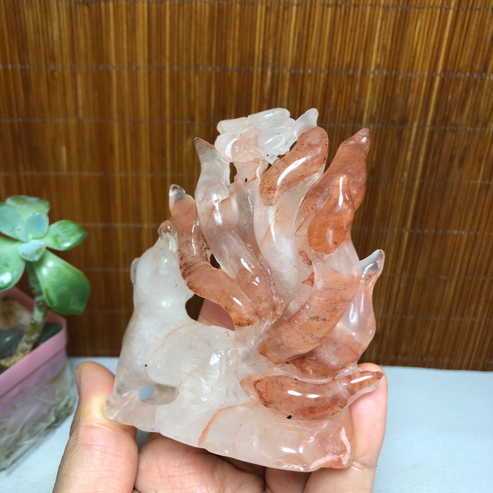 91mm Natural Red gum flower crystal carved Nine Tailed Fox specimens 175g A1799