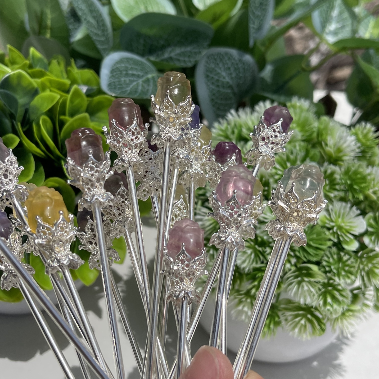 5pc Natural fluorite carved rose hairpin quartz crystal reiki healing random